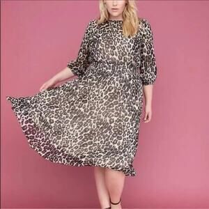 Lane Bryant Leopard Chiffon Dress Smocked Waist 3/4 Sleeves NWT 14P